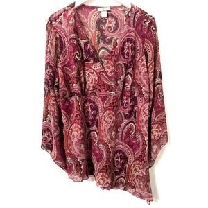 OBE Blouse Women 18/20 Pink Paisley V-Neck Asymmetrical‎ Sheer Y2K Vintage Boho